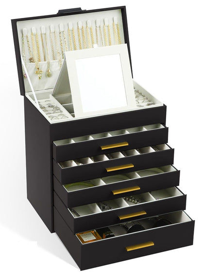 CARLA HOME 6-Layer Jewelry Organizer Box with Mirror & Drawers - Black