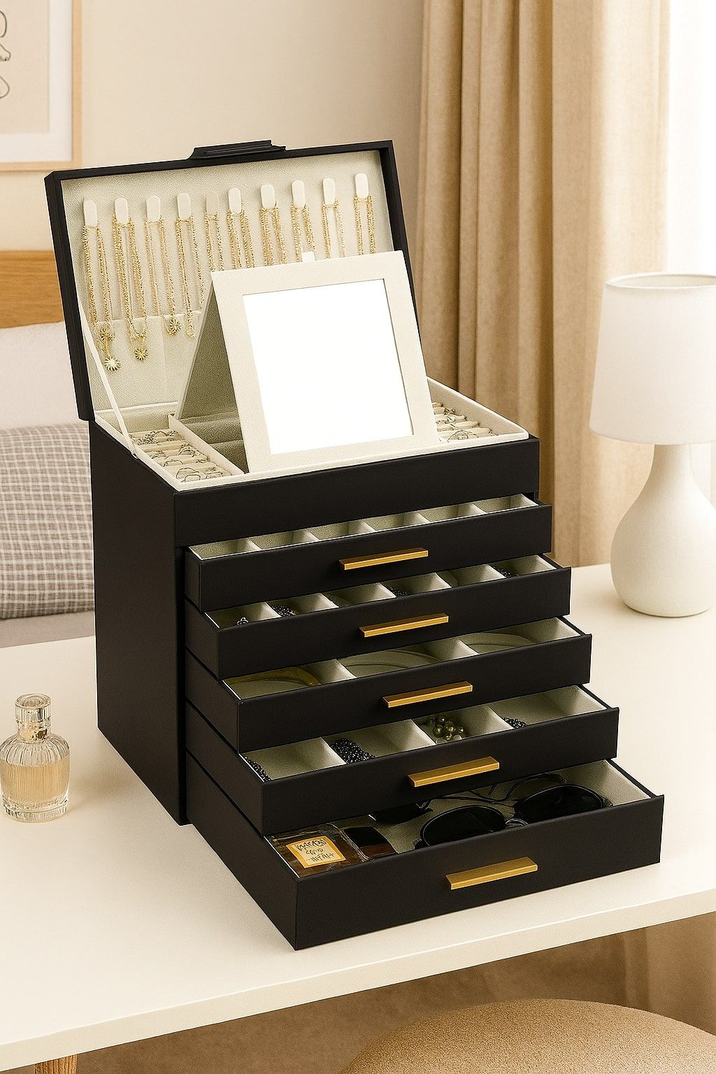CARLA HOME 6-Layer Jewelry Organizer Box with Mirror & Drawers - Black