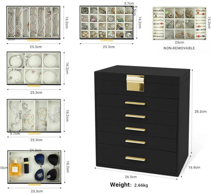 CARLA HOME 6-Layer Jewelry Organizer Box with Mirror & Drawers - Black