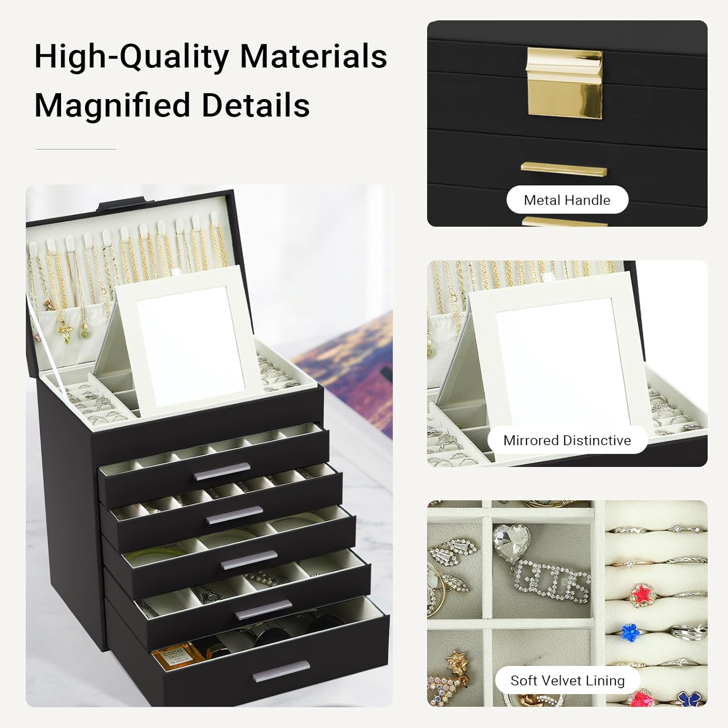 CARLA HOME 6-Layer Jewelry Organizer Box with Mirror & Drawers - Black - SuperSaverAU - view 4