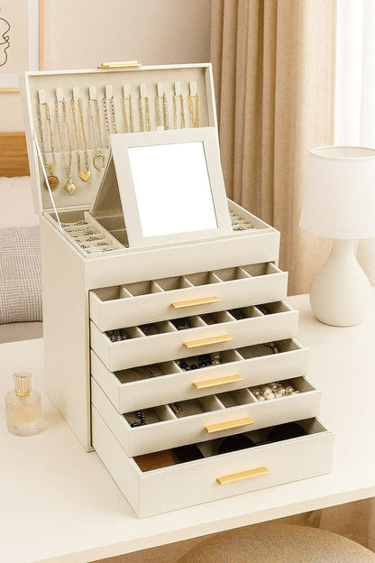 CARLA HOME 6-Layer Jewelry Organizer Box with Mirror & Drawers - White
