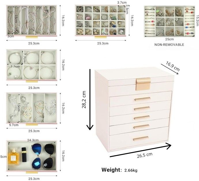 CARLA HOME White 6-Layer Jewellery Organiser Box with Mirror Drawers and Hooks