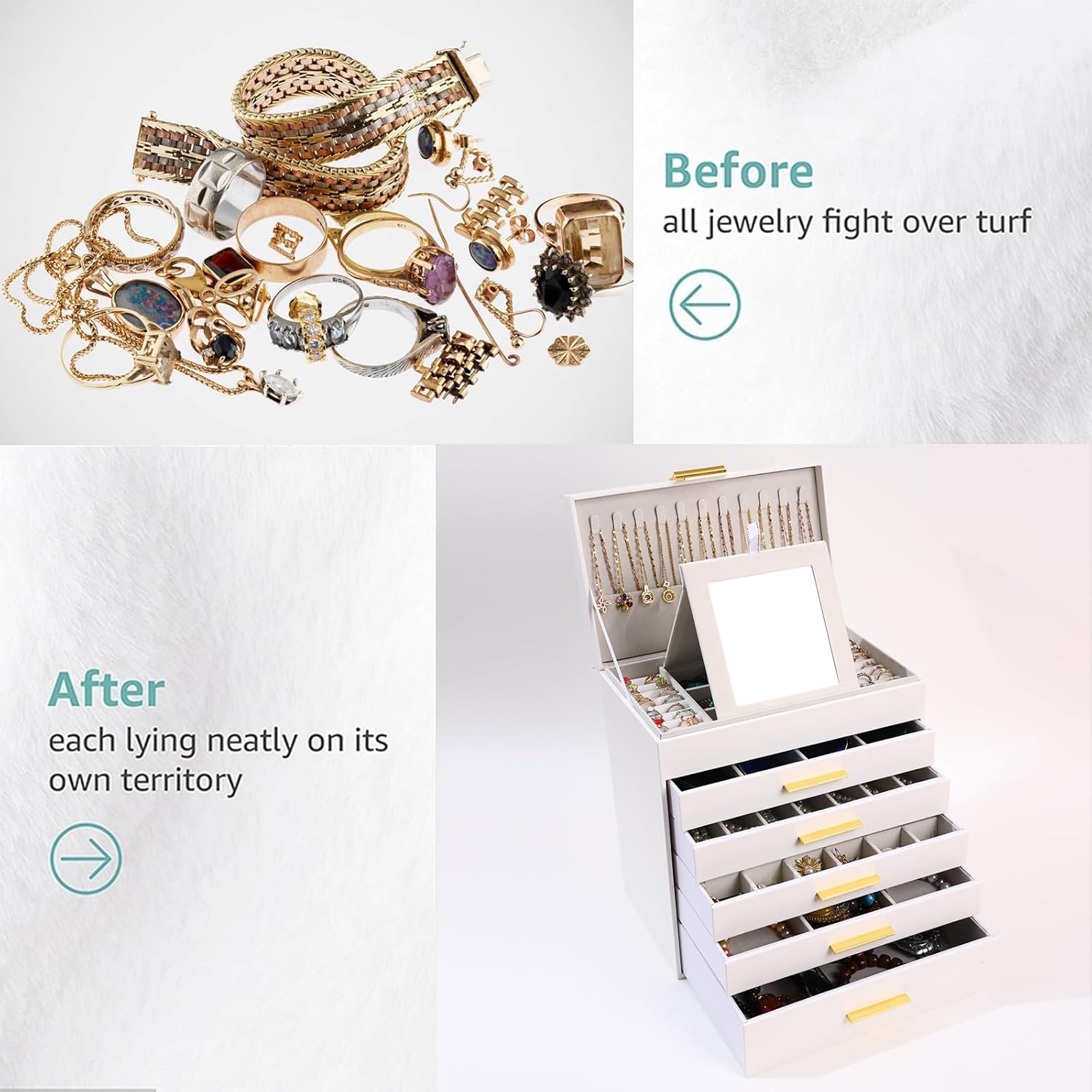 CARLA HOME White 6-Layer Jewellery Organiser Box with Mirror Drawers and Hooks