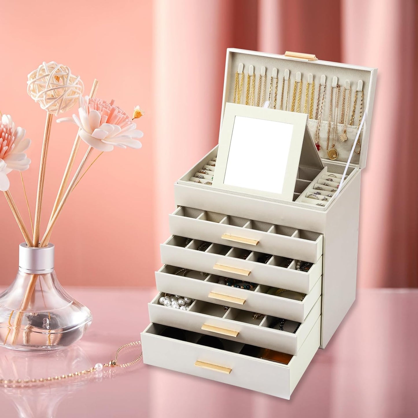 CARLA HOME 6-Layer Jewelry Organizer Box with Mirror & Drawers - White