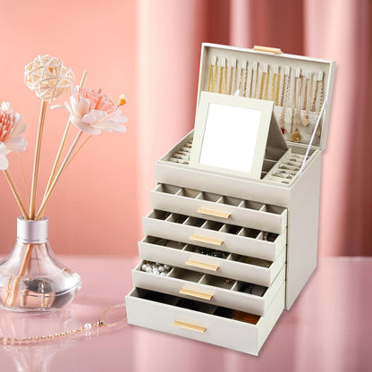 CARLA HOME 6-Layer Jewelry Organizer Box with Mirror & Drawers - White