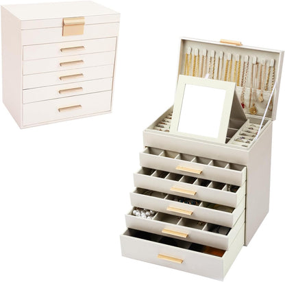 CARLA HOME 6-Layer Jewelry Organizer Box with Mirror & Drawers - White
