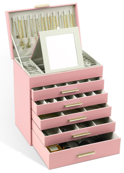 CARLA HOME 6-Layer Jewelry Organizer Box with Mirror & Drawers - Pink