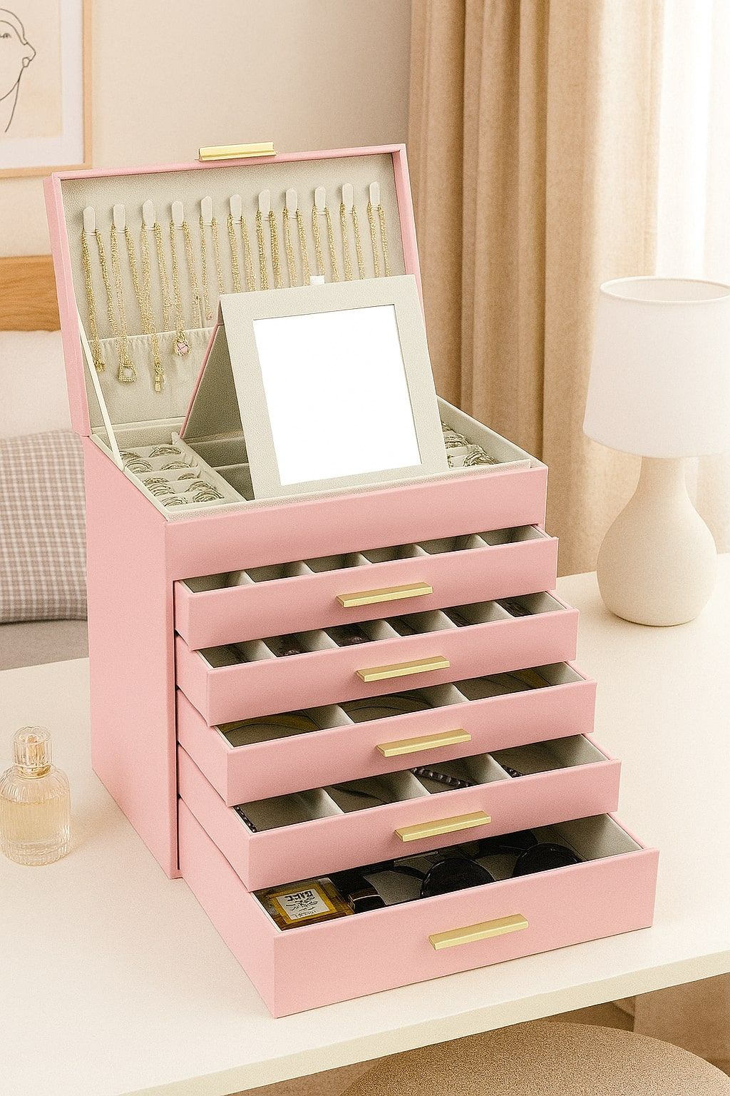 CARLA HOME 6-Layer Jewelry Organizer Box with Mirror & Drawers - Pink