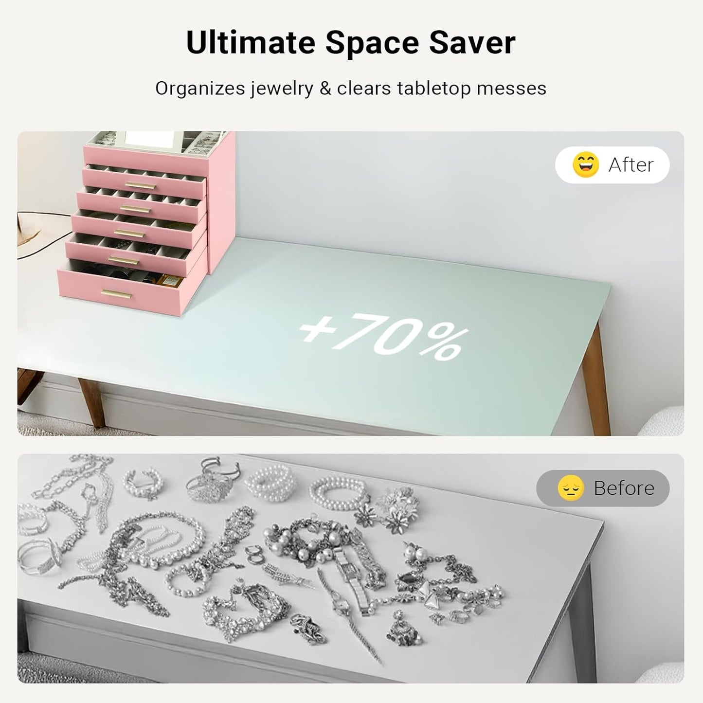 CARLA HOME 6-Layer Jewelry Organizer Box with Mirror & Drawers - Pink