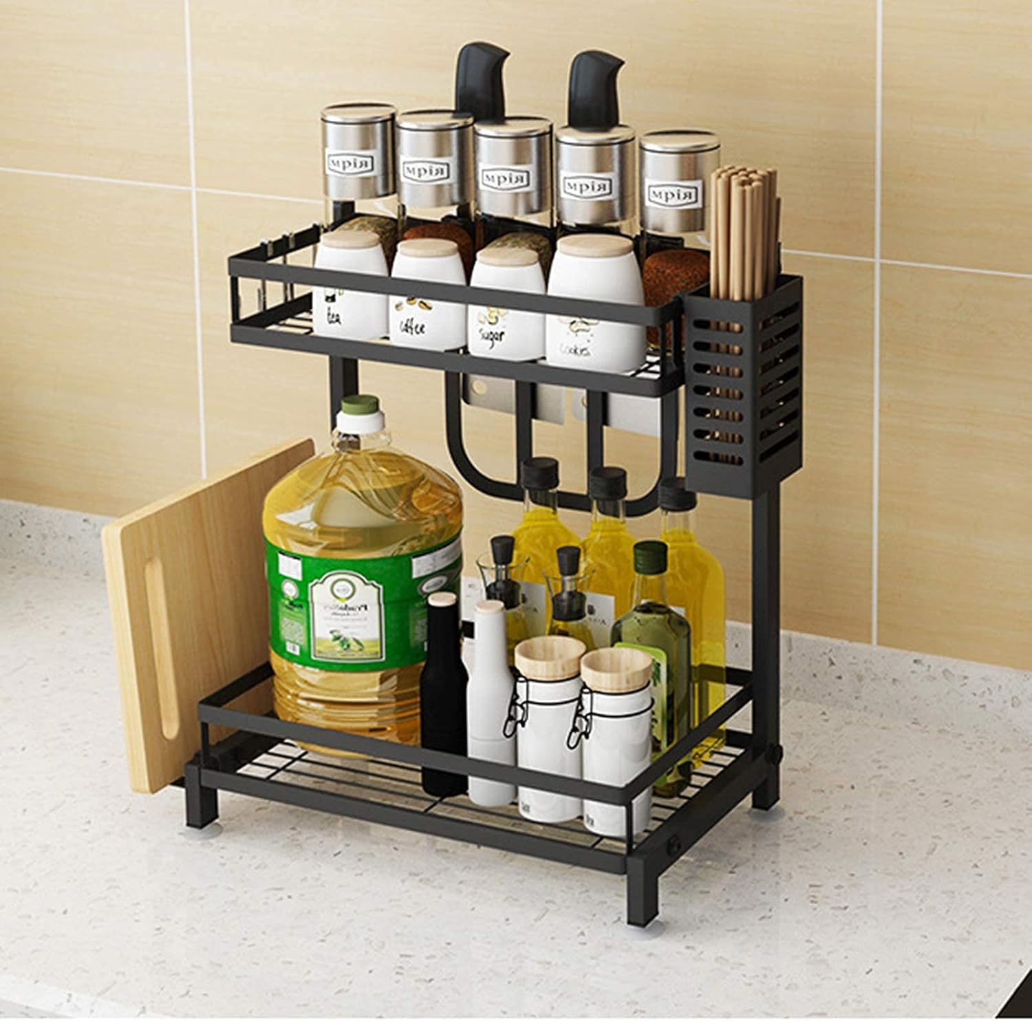 CARLA HOME 2-Tier Kitchen Spice Rack Organizer 34x41x21 cm with Hooks & Utensil Holder - SuperSaverAU - view 2
