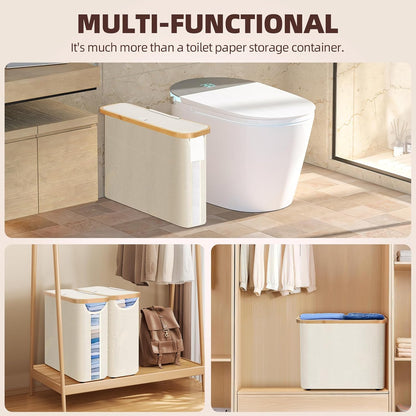 CARLA HOME 2 Pack Toilet Paper Storage Basket Holds Up to 12 Rolls with Bamboo Lid and Handle for RV Closet (White)