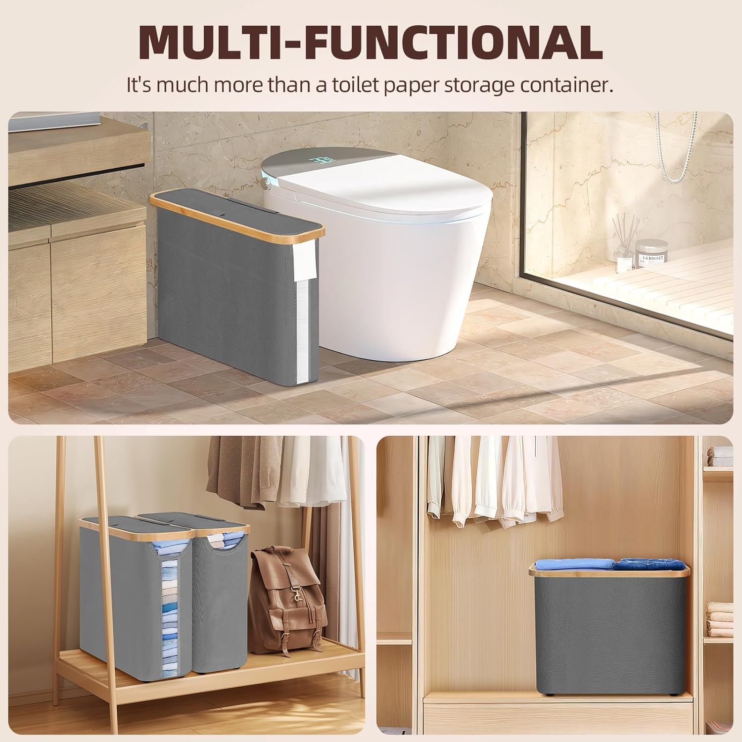CARLA HOME 2 Pack Toilet Paper Storage Basket, Holds 12 Rolls, Bamboo Lid, Grey - SuperSaverAU - view 8