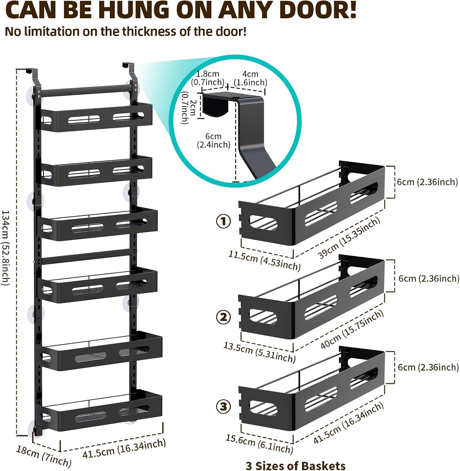 CARLA HOME 6 Tier Over the Door Organizer, Adjustable Metal Baskets, 18 x 134 x 42 cm - SuperSaverAU - view 2
