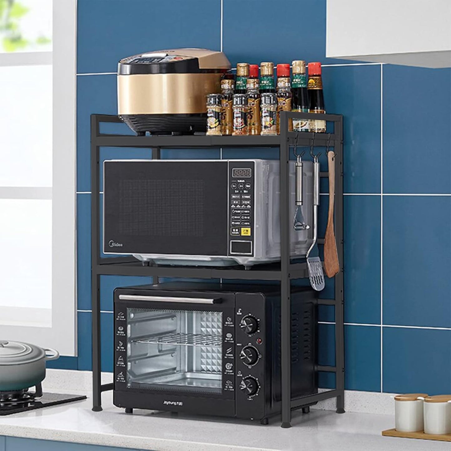CARLA HOME 3-Tier Microwave Oven Rack with Adjustable Metal Kitchen Shelf Stand for Countertop Storage and 6 Hooks for Utensils