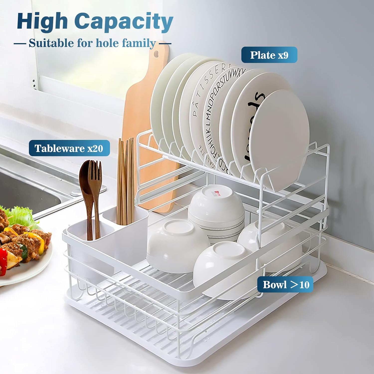 CARLA HOME 2-Tier Dish Drying Rack 43x32x27 cm with Removable Tray & Utensil Holder - SuperSaverAU - view 3