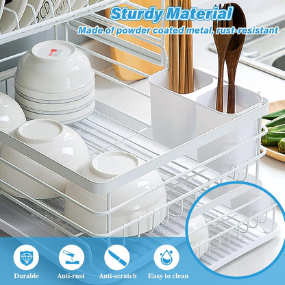 CARLA HOME 2-Tier Dish Drying Rack for Kitchen Counter with Removable Drip Tray, Utensil Holder and Cutlery Organizer