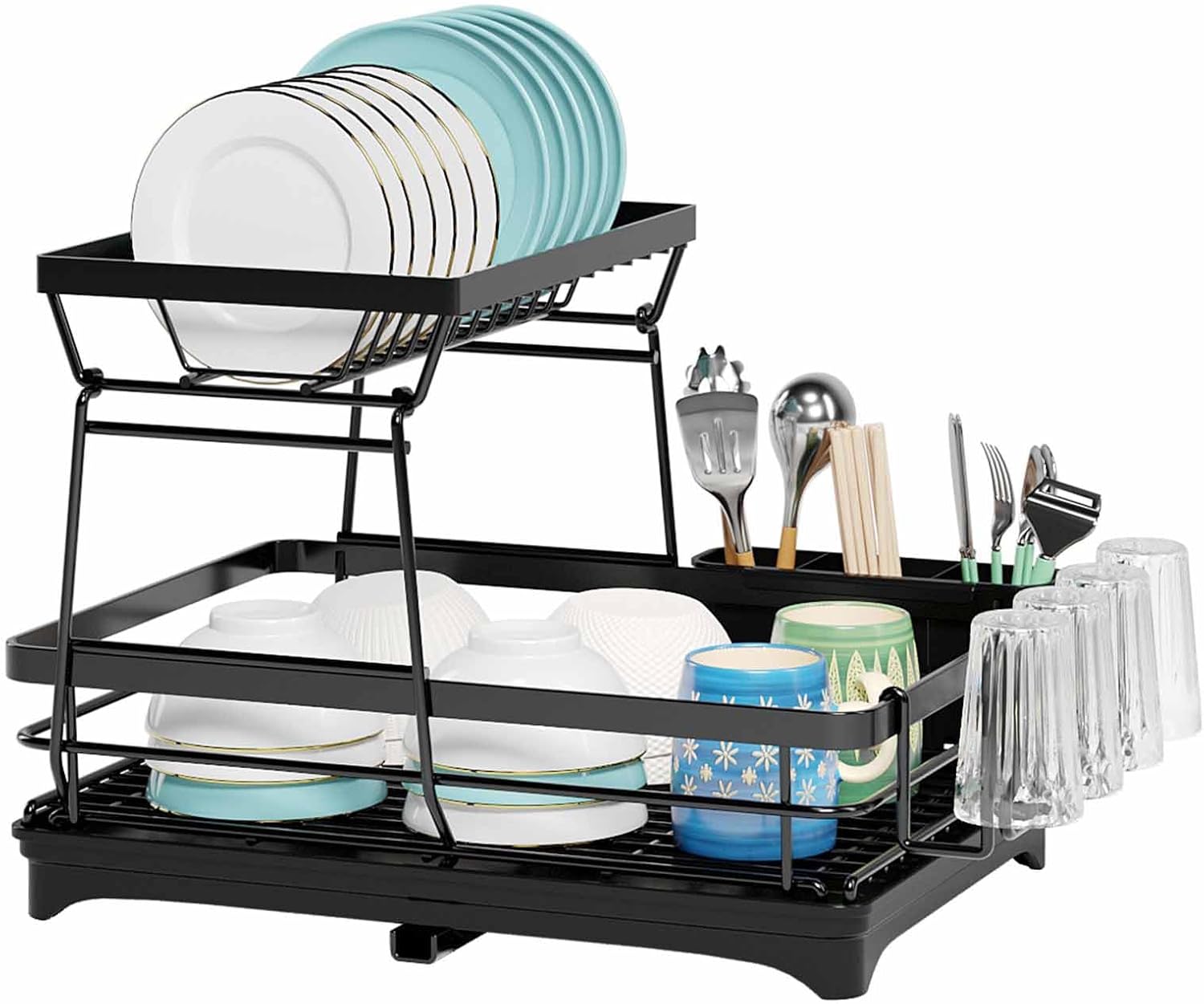 CARLA HOME 2-Tier Dish Drying Rack 42x32x30 cm with Drainboard & Utensil Holder - SuperSaverAU - view 1