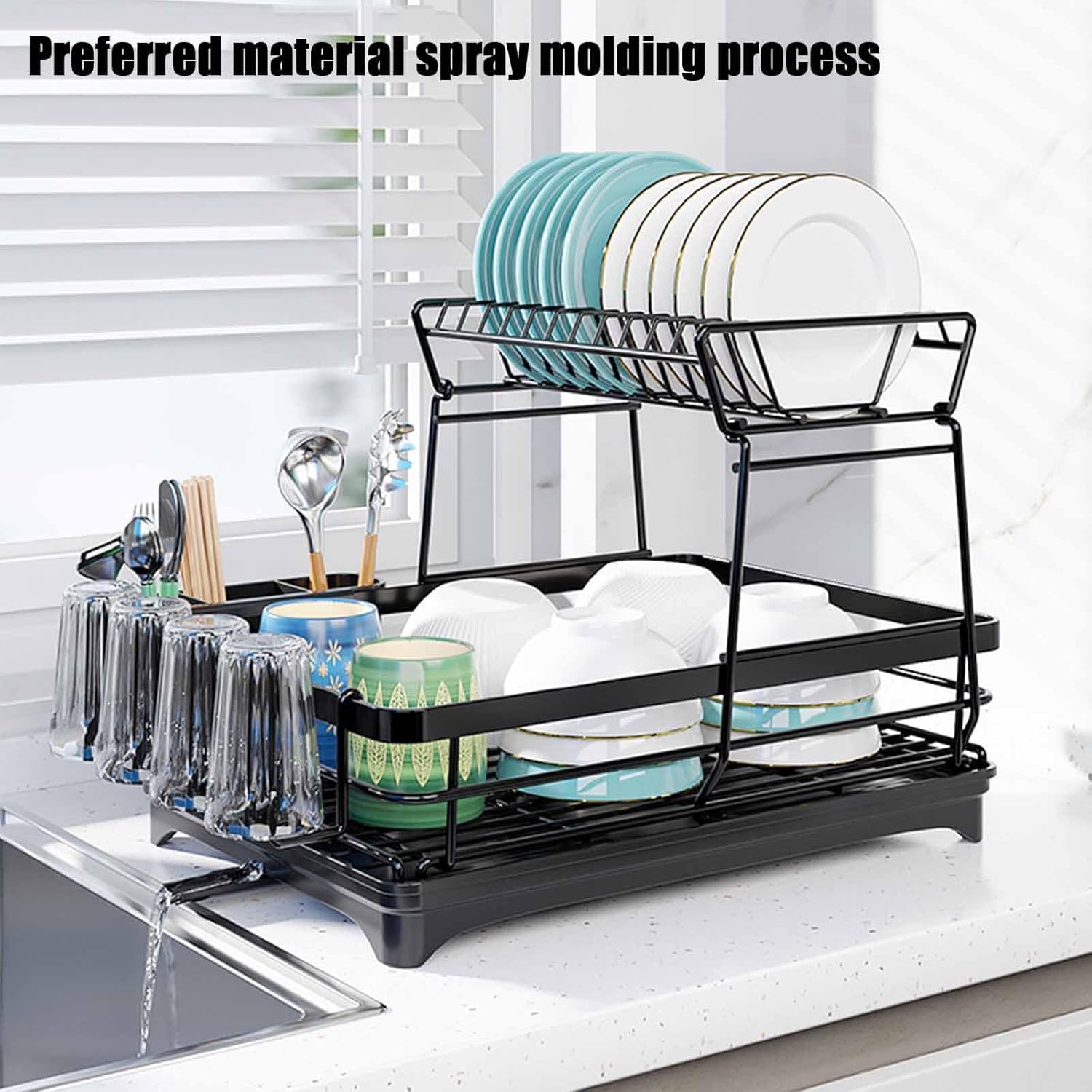 CARLA HOME 2-Tier Dish Drying Rack 42x32x30 cm with Drainboard & Utensil Holder - SuperSaverAU - view 3