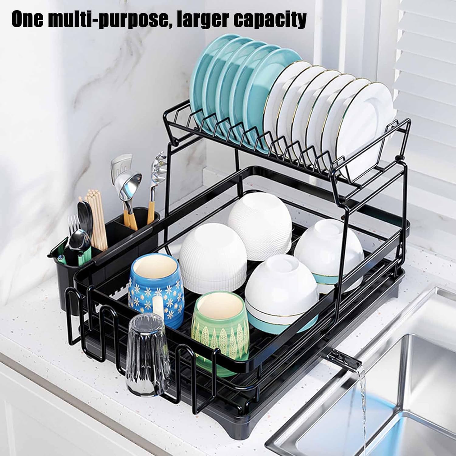 CARLA HOME 2-Tier Dish Drying Rack 42x32x30 cm with Drainboard & Utensil Holder - SuperSaverAU - view 4