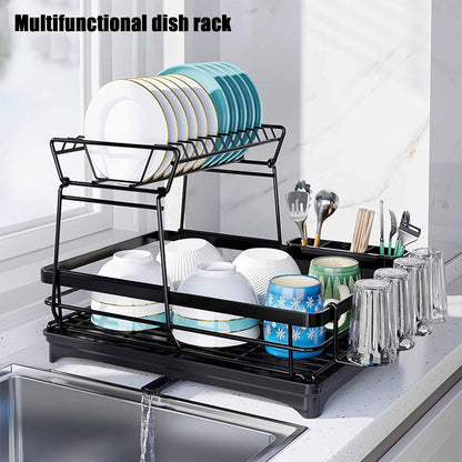 CARLA HOME 2-Tier Dish Drying Rack for Kitchen Counter with Drainboard, Utensil Holder, Cup Rack & Cutlery Organizer