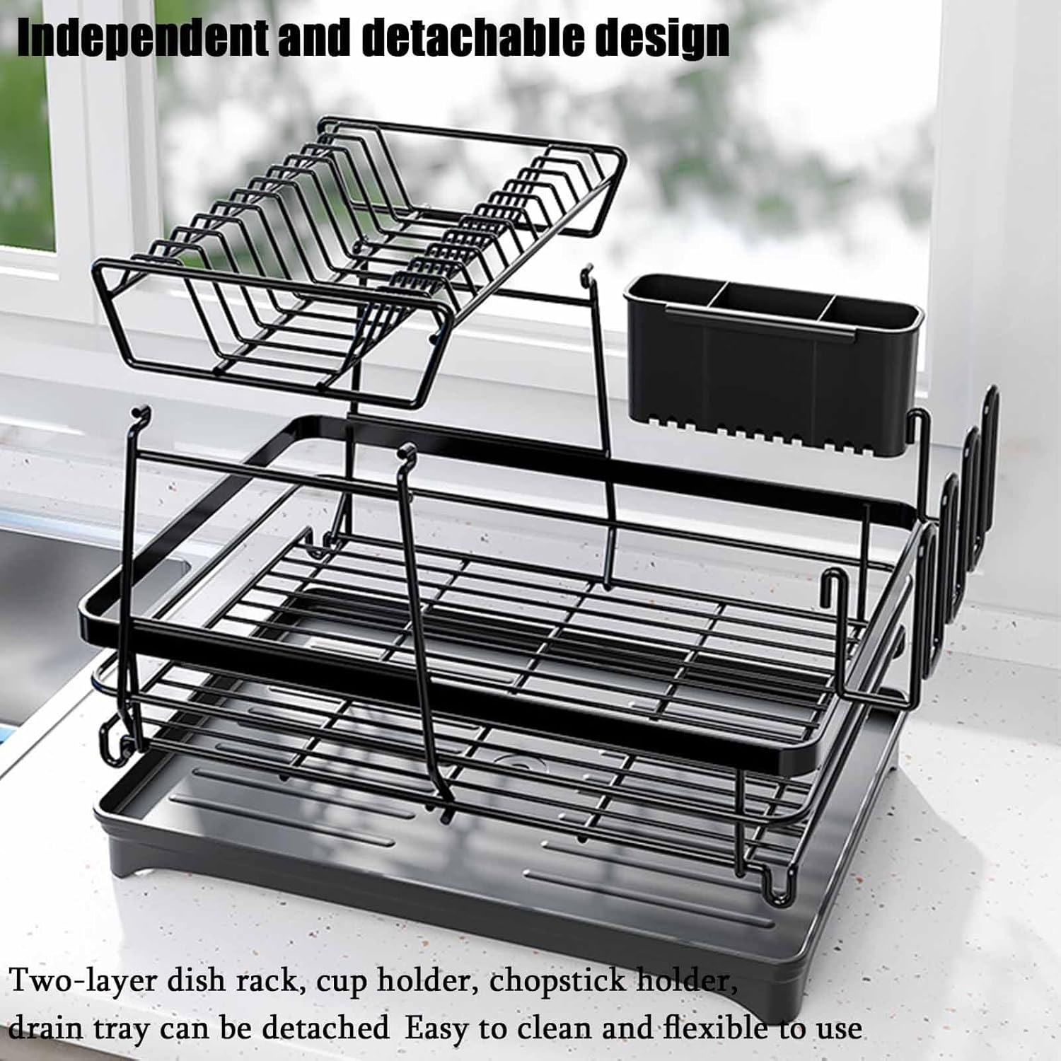 CARLA HOME 2-Tier Dish Drying Rack 42x32x30 cm with Drainboard & Utensil Holder - SuperSaverAU - view 6