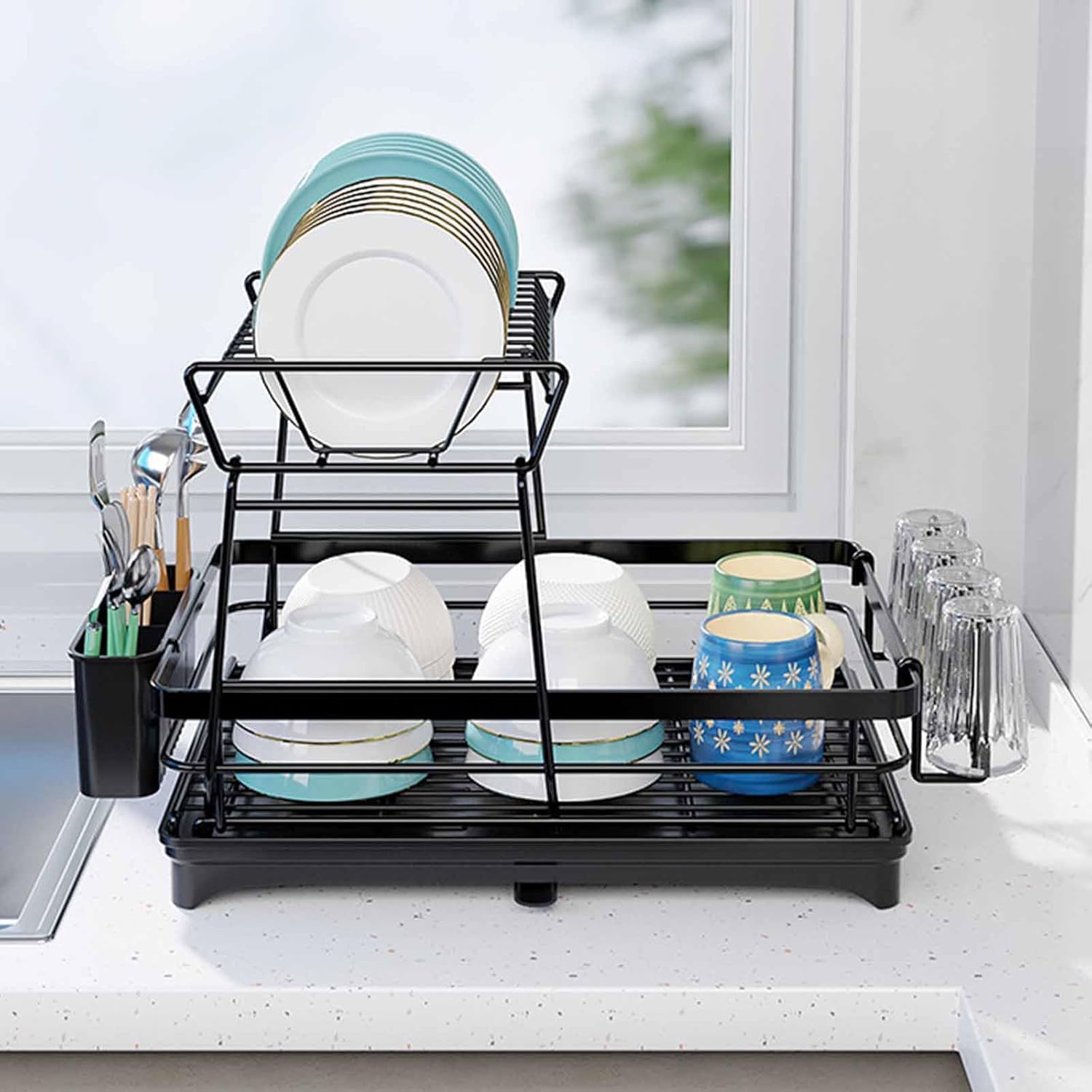 CARLA HOME 2-Tier Dish Drying Rack 42x32x30 cm with Drainboard & Utensil Holder - SuperSaverAU - view 7
