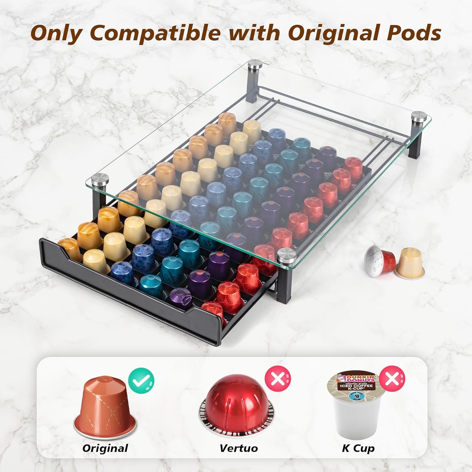 CARLA HOME 60 Coffee Pod Holder Drawer with Tempered Glass Capsule Organizer for Nespresso Pods and Sliding Drawer for Kitchen Countertop - SuperSaverAU - view 2