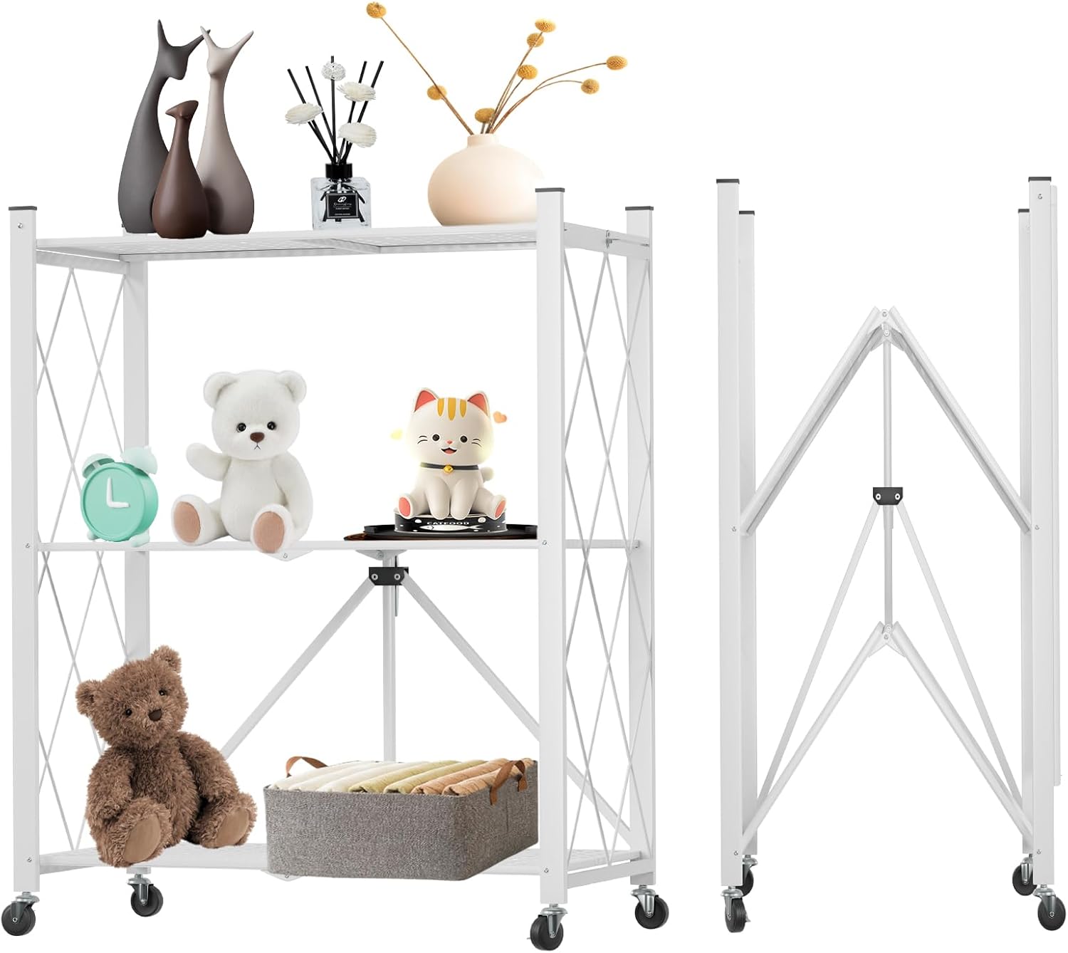 CARLA HOME 3 Tier White Foldable Storage Shelf with Wheels Kitchen Garage Pantry Rack