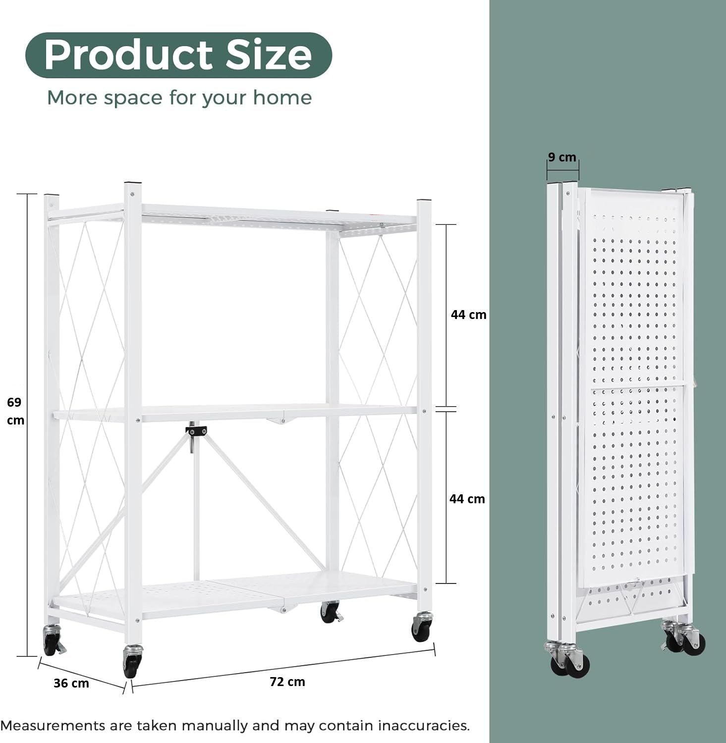 CARLA HOME 3 Tier White Foldable Storage Shelf with Wheels Kitchen Garage Pantry Rack