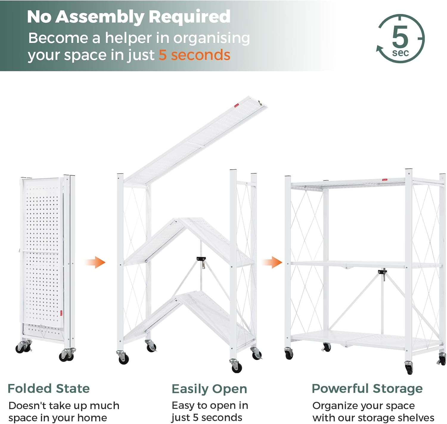CARLA HOME 3 Tier White Foldable Storage Shelf with Wheels Kitchen Garage Pantry Rack