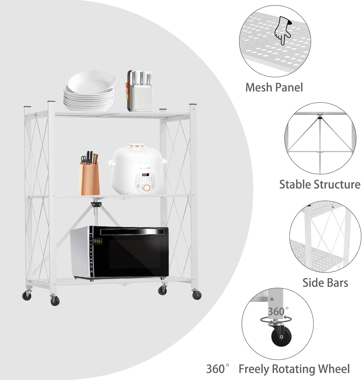 CARLA HOME 3 Tier White Foldable Storage Shelf with Wheels Kitchen Garage Pantry Rack