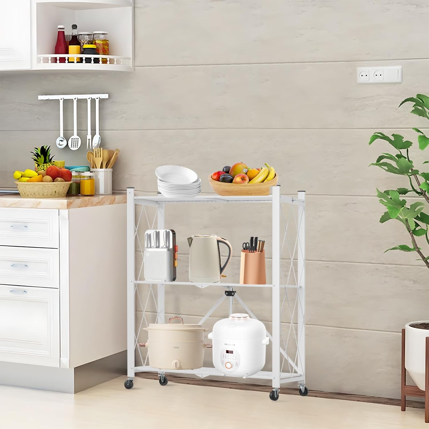 CARLA HOME 3 Tier White Foldable Storage Shelf with Wheels Kitchen Garage Pantry Rack