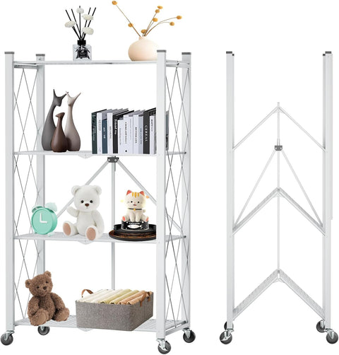 CARLA HOME 4 Tier White Foldable Storage Shelf with Wheels Kitchen Garage Pantry Rack