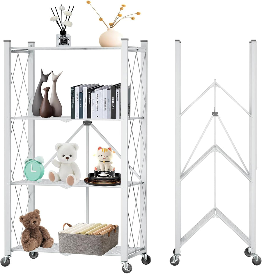 CARLA HOME 4 Tier White Foldable Storage Shelf with Wheels Kitchen Garage Pantry Rack