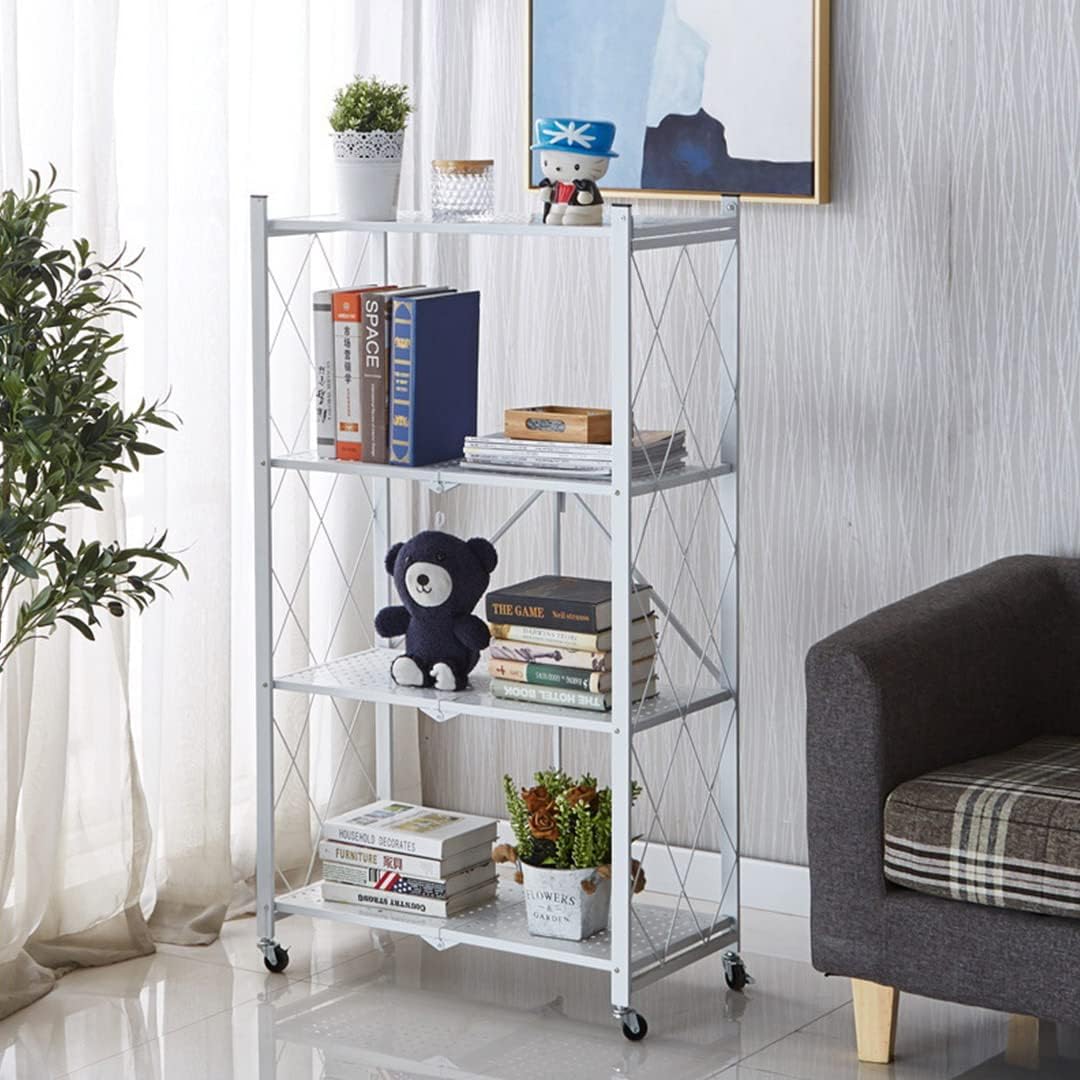 CARLA HOME 4 Tier White Foldable Storage Shelf with Wheels Kitchen Garage Pantry Rack