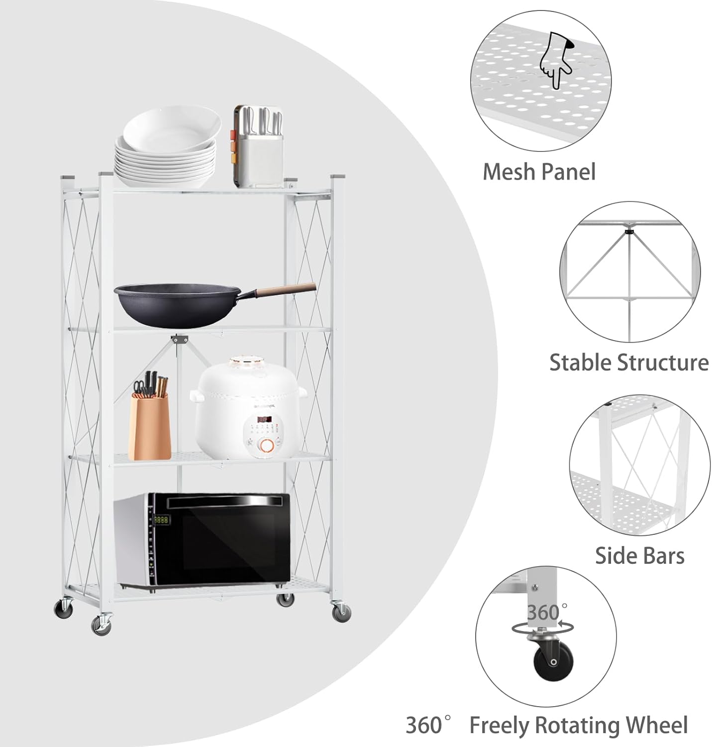 CARLA HOME 4 Tier White Foldable Storage Shelf with Wheels Kitchen Garage Pantry Rack