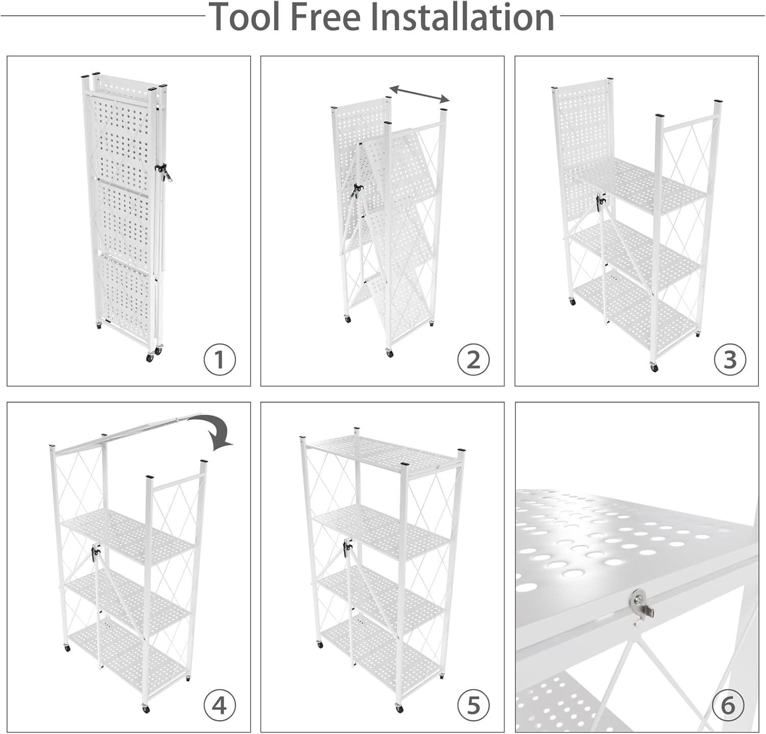 CARLA HOME 4 Tier White Foldable Storage Shelf with Wheels Kitchen Garage Pantry Rack