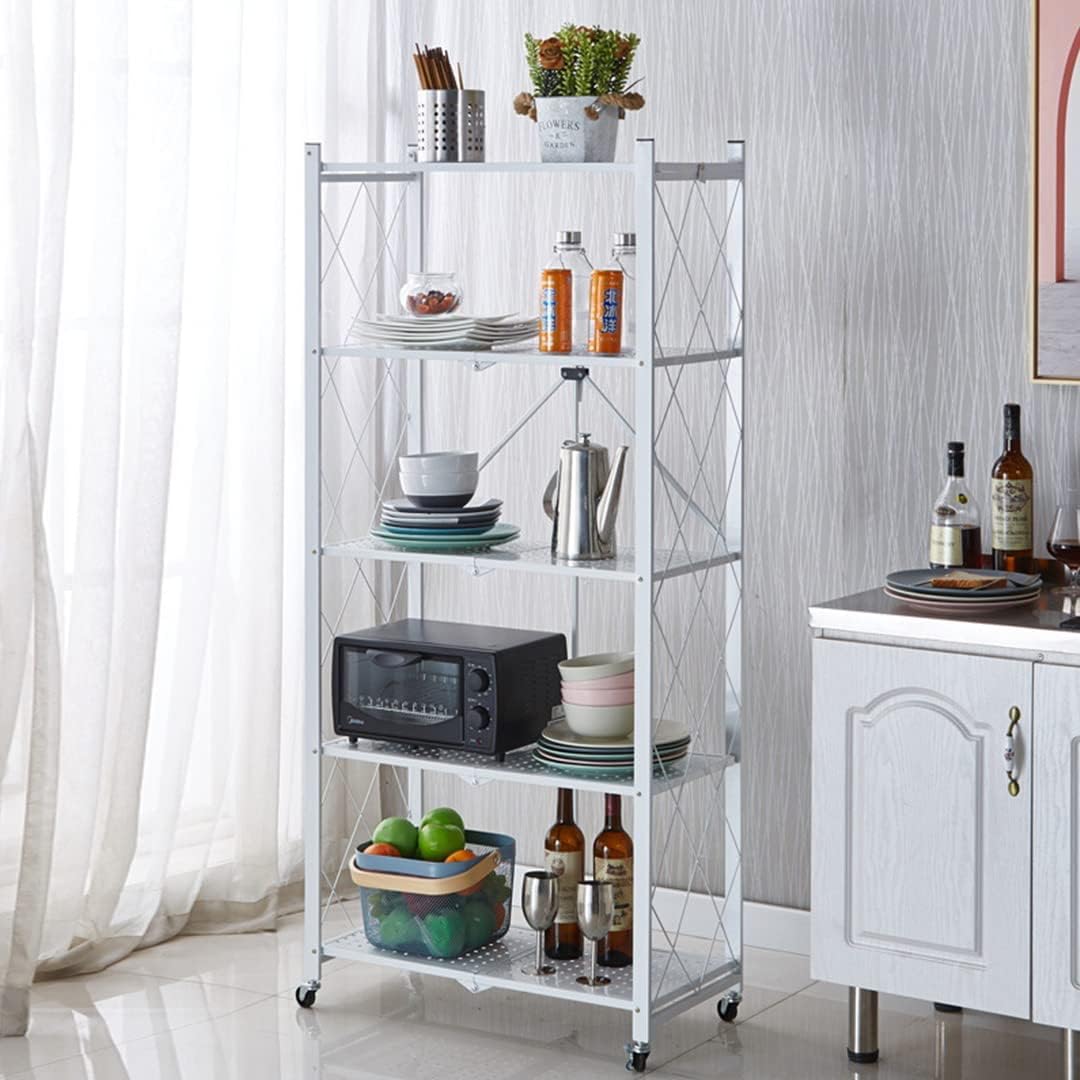 CARLA HOME 5 Tier White Foldable Storage Shelf with Wheels 100kg Capacity