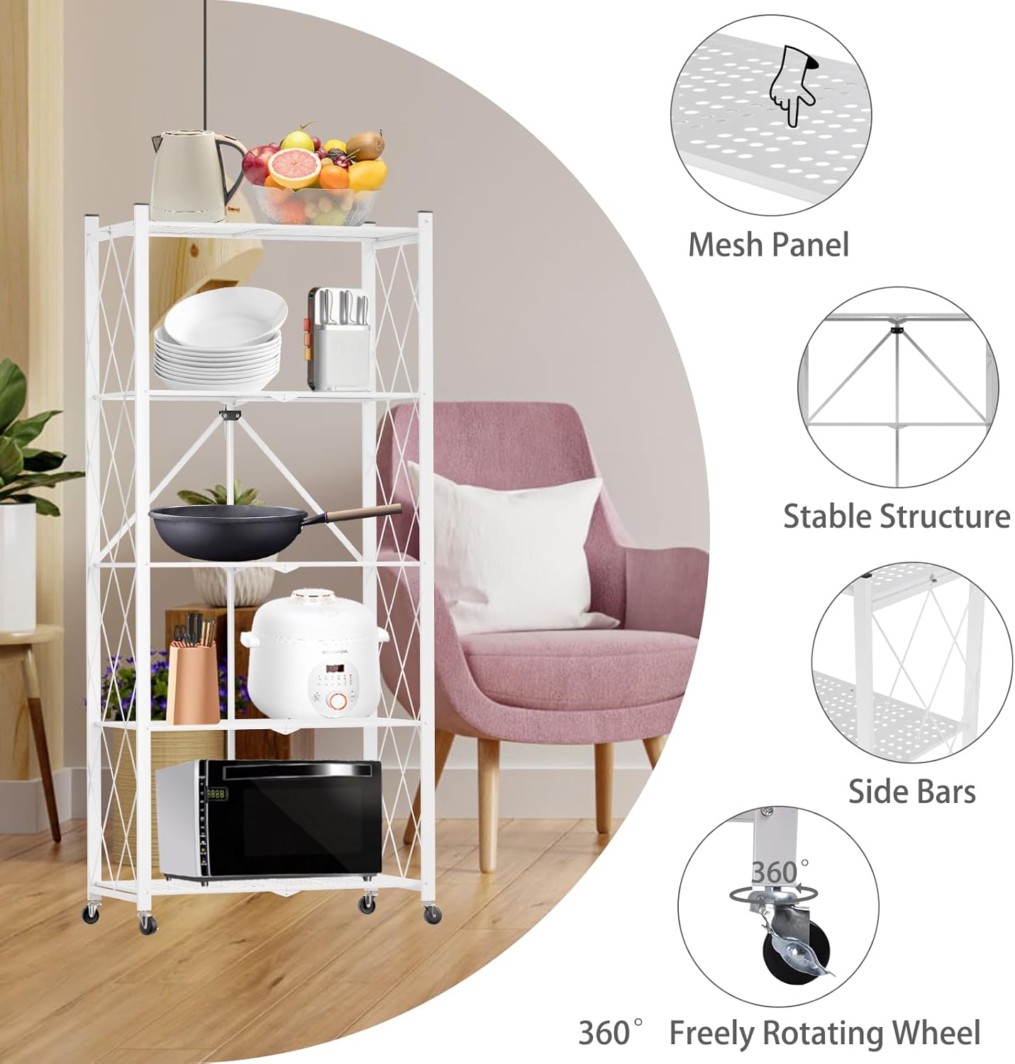 CARLA HOME 5 Tier White Foldable Storage Shelf with Wheels 100kg Capacity