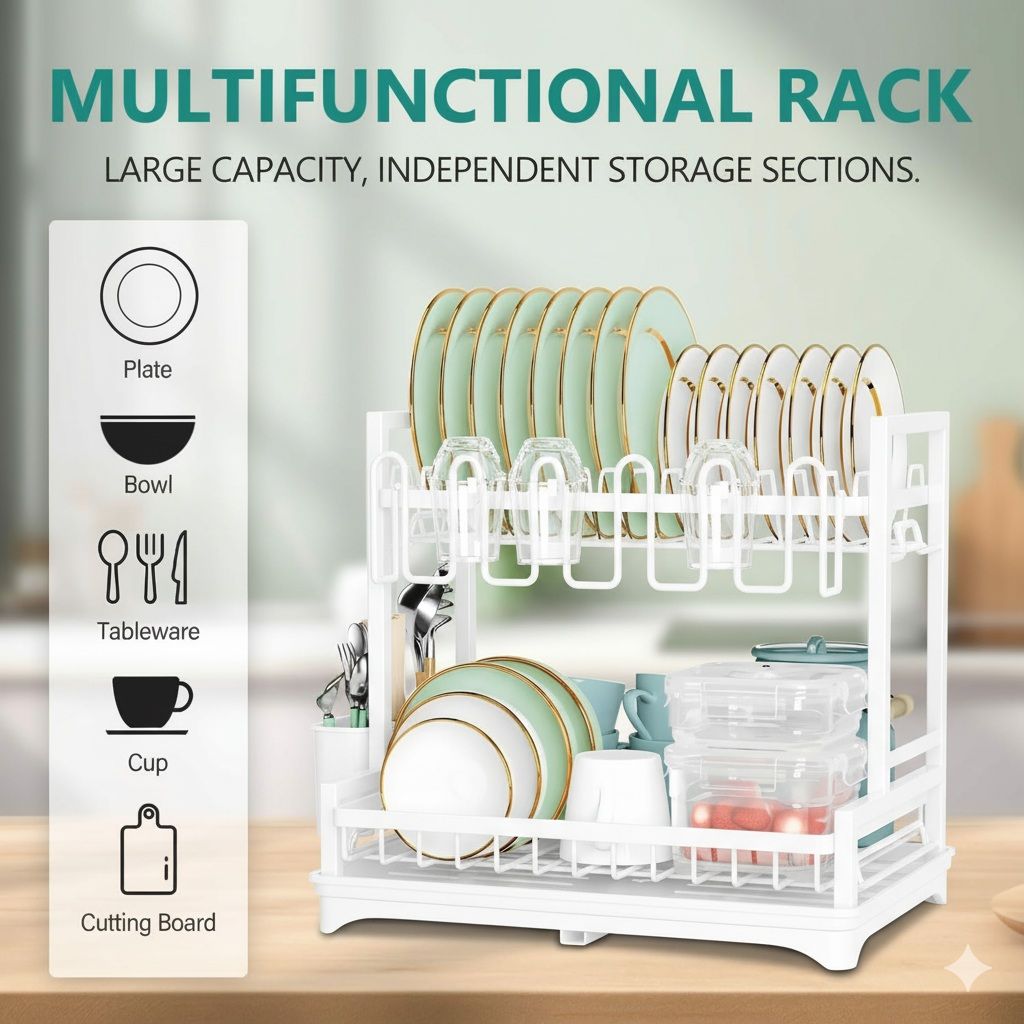 CARLA HOME 2-Tier Dish Drying Rack – White with Drainboard