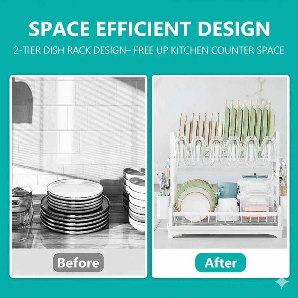 CARLA HOME 2-Tier Dish Drying Rack – White with Drainboard