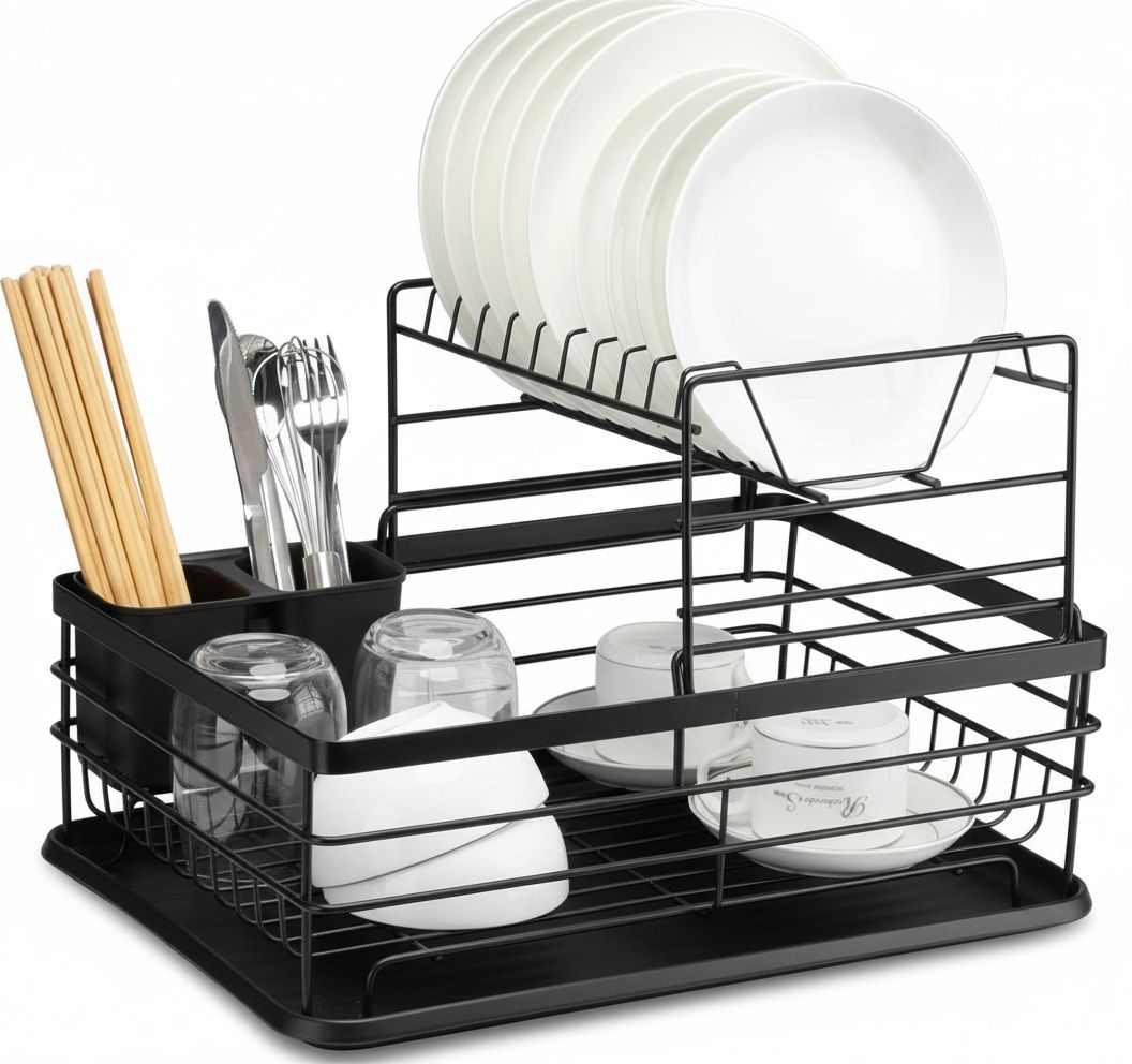 CARLA HOME 2-Tier Dish Drying Rack – Black with Drip Tray & Utensil Holder