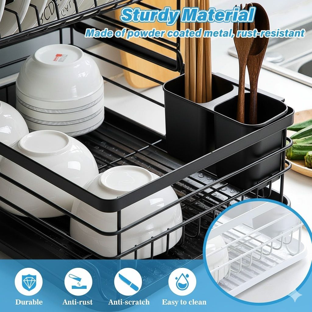 CARLA HOME 2-Tier Dish Drying Rack – Black with Drip Tray & Utensil Holder