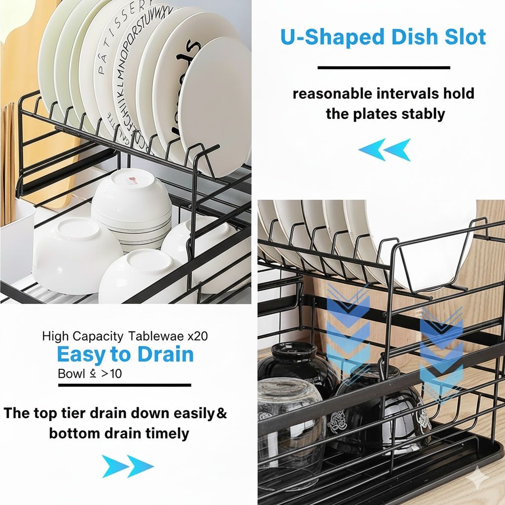 CARLA HOME 2-Tier Dish Drying Rack – Black with Drip Tray & Utensil Holder
