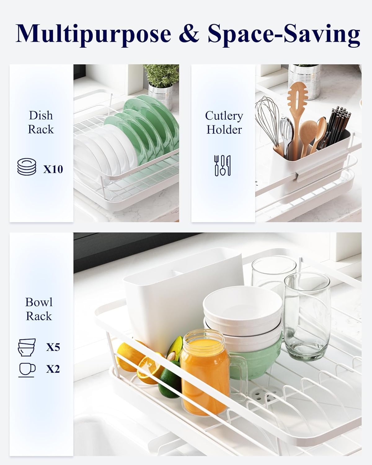 CARLA HOME Dish Drying Rack – Removable Drip Tray & Utensil Holder
