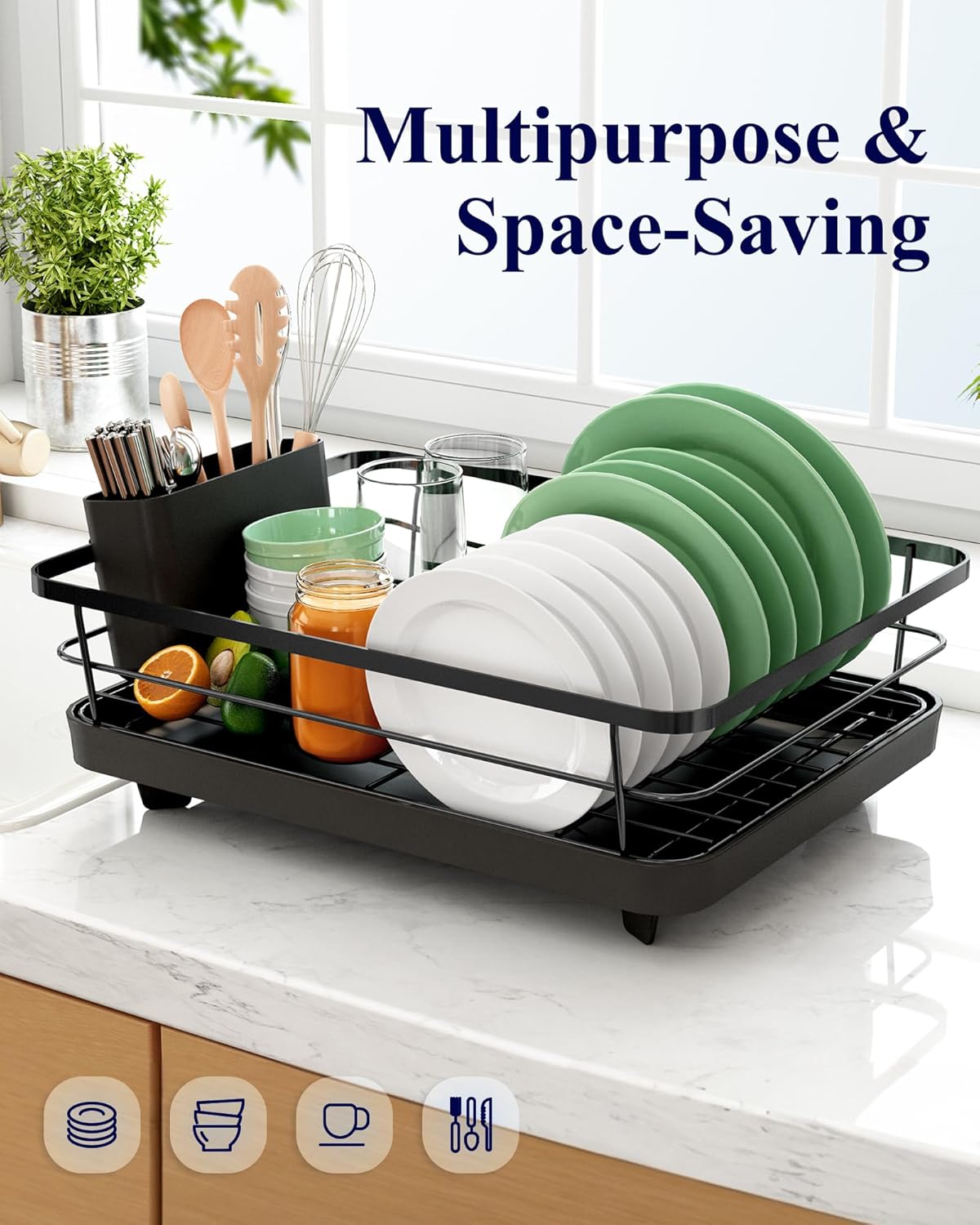CARLA HOME Dish Drying Rack – Removable Drip Tray & Utensil Holder
