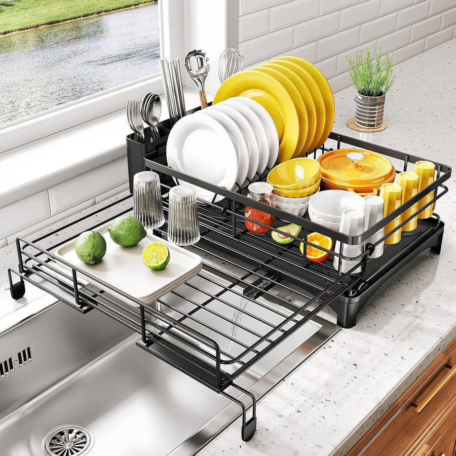 CARLA HOME 1-Tier Expandable Dish Drying Rack – Drainage Spout, 31-55cm