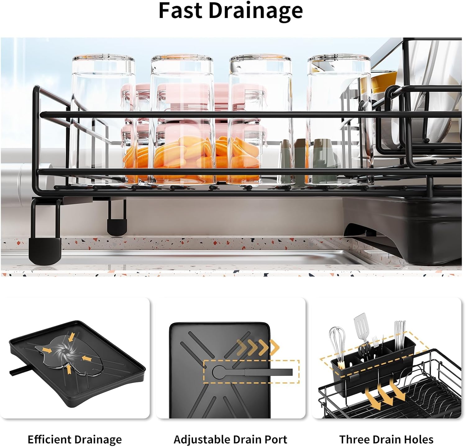 CARLA HOME 1-Tier Expandable Dish Drying Rack – Drainage Spout, 31-55cm