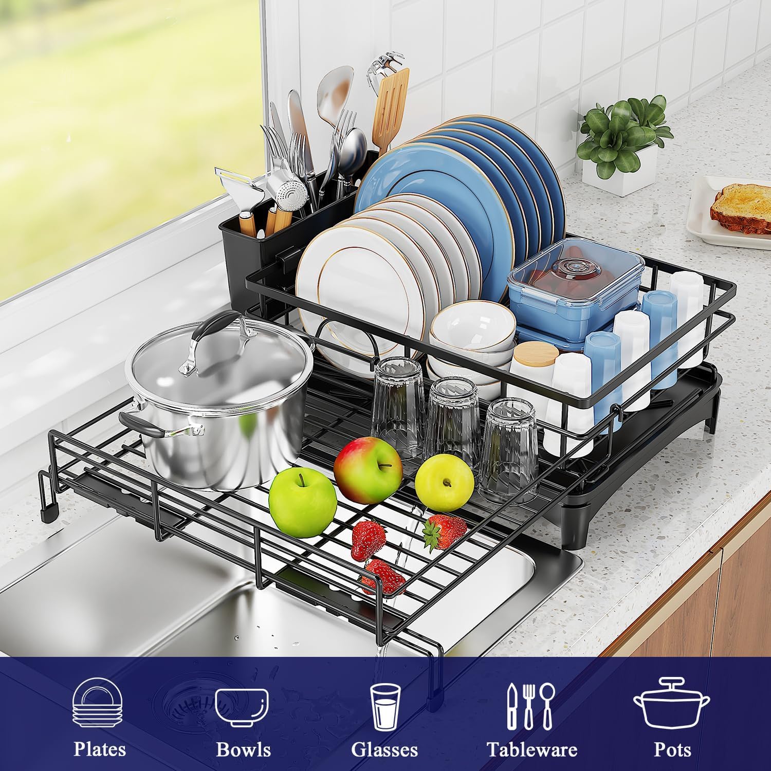 CARLA HOME 1-Tier Expandable Dish Drying Rack – Drainage Spout, 31-55cm