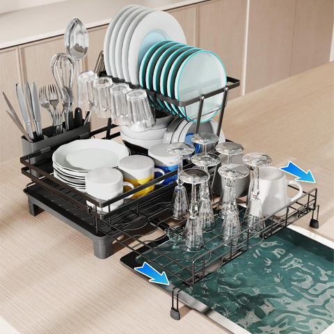 CARLA HOME 2-Tier Expandable Dish Drying Rack – Drainage Spout, 31-55cm